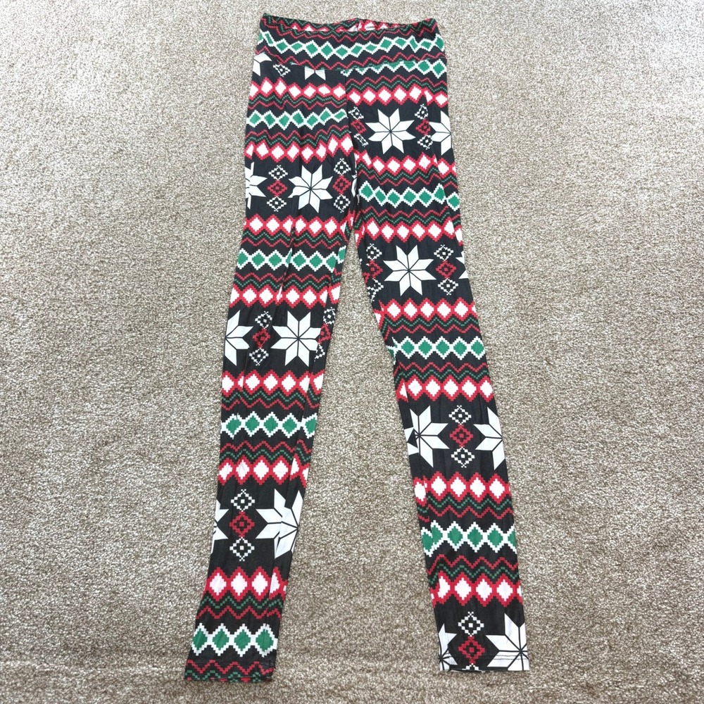 Planet Gold Womens Small Fair Isle Holiday Leggings Red Green Black Snowflake